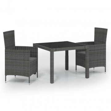 Set mobilier de exterior cu perne, 3 piese, gri, poliratan - Img 2