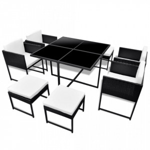 Set mobilier de exterior cu perne, 9 piese, negru, poliratan - Img 2