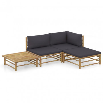 Set mobilier de grădină, 4 piese, perne gri închis, bambus - Img 1