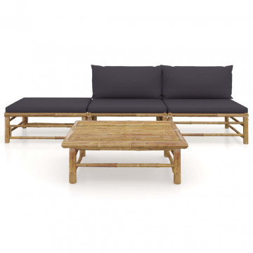 Set mobilier de grădină, 4 piese, perne gri închis, bambus - Img 2