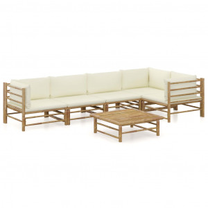Set mobilier de grădină, 6 piese, perne alb crem, bambus - Img 1