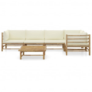 Set mobilier de grădină, 6 piese, perne alb crem, bambus - Img 2