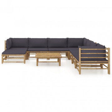 Set mobilier de grădină, 9 piese, perne gri închis, bambus - Img 2