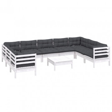 Set mobilier de grădină cu perne, 10 piese, alb, lemn masiv pin - Img 3