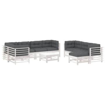 Set mobilier de grădină cu perne, 10 piese, alb, lemn masiv - Img 2