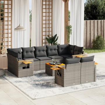 Set mobilier de grădină cu perne, 10 piese, gri, poliratan - Img 1