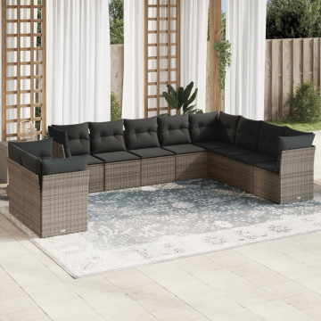 Set mobilier de grădină cu perne, 10 piese, gri, poliratan - Img 1