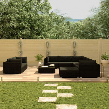 Set mobilier de grădină cu perne, 10 piese, negru, poliratan - Img 1