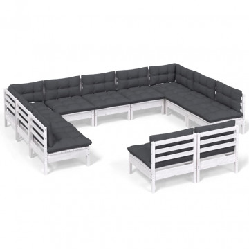 Set mobilier de grădină cu perne, 11 piese, alb lemn masiv pin - Img 2