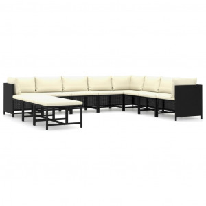 Set mobilier de grădină cu perne, 11 piese, negru, poliratan - Img 1