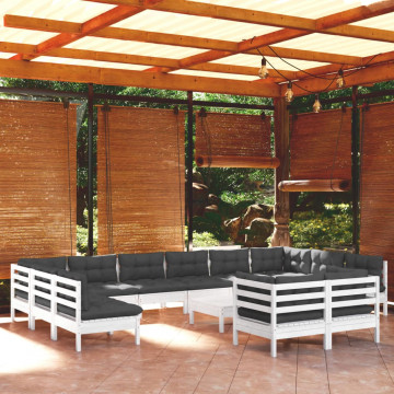 Set mobilier de grădină cu perne, 13 piese, alb, lemn de pin - Img 1