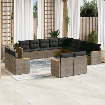 Set mobilier de grădină cu perne, 13 piese, gri, poliratan - Img 1