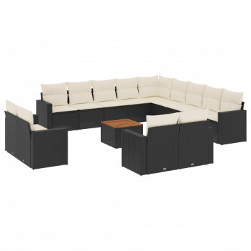 Set mobilier de grădină cu perne, 14 piese, negru, poliratan - Img 2