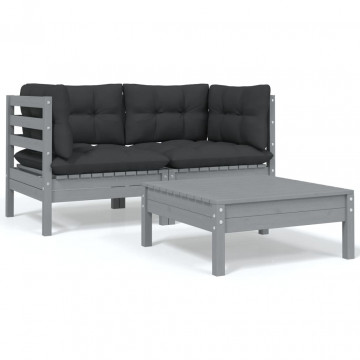 Set mobilier de grădină cu perne, 3 piese, gri, lemn masiv pin - Img 1