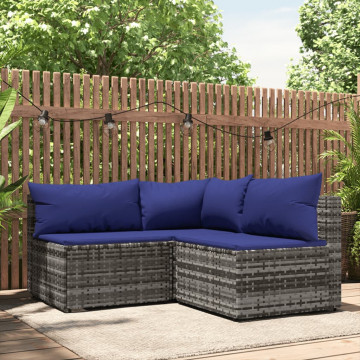 Set mobilier de grădină cu perne, 3 piese, gri, poliratan - Img 1