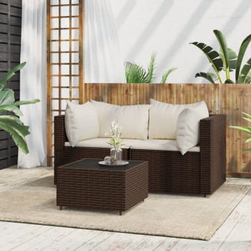Set mobilier de grădină cu perne, 3 piese, maro, poliratan - Img 1
