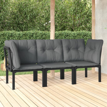 Set mobilier de grădină cu perne, 3 piese, negru/gri, poliratan - Img 1