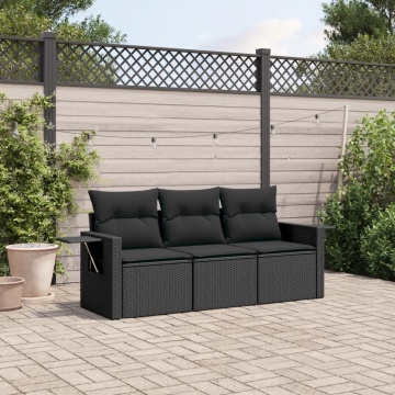 Set mobilier de grădină cu perne, 3 piese, negru, poliratan - Img 1