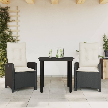 Set mobilier de grădină cu perne, 3 piese, negru, poliratan - Img 1