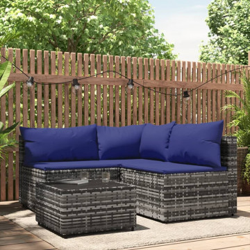 Set mobilier de grădină cu perne, 4 piese, gri, poliratan - Img 1