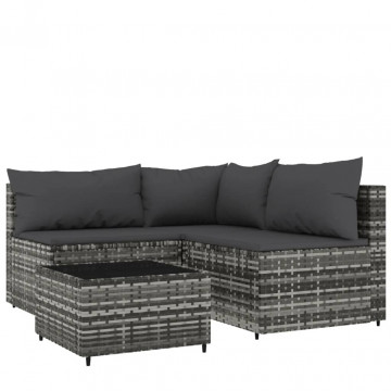 Set mobilier de grădină cu perne, 4 piese, gri, poliratan - Img 2