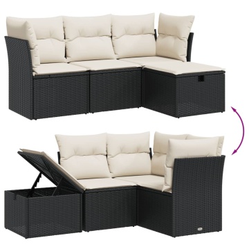 Set mobilier de grădină cu perne, 4 piese, negru, poliratan - Img 3