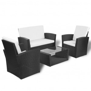 Set mobilier de grădină cu perne, 4 piese, negru, poliratan - Img 3