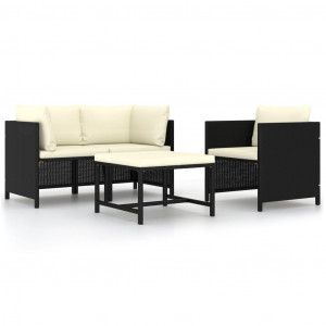 Set mobilier de grădină cu perne, 4 piese, negru, poliratan - Img 1