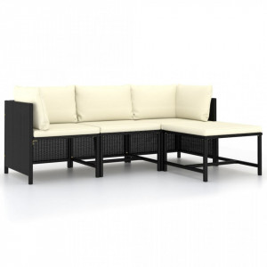 Set mobilier de grădină cu perne, 4 piese, negru, poliratan - Img 1