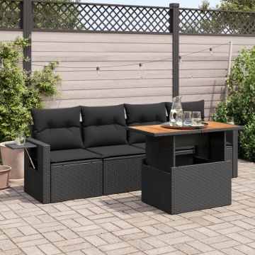 Set mobilier de grădină cu perne, 5 piese, negru, poliratan - Img 1