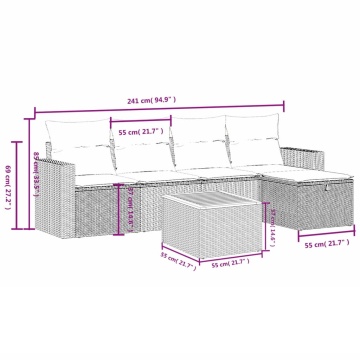 Set mobilier de grădină cu perne, 6 piese, negru, poliratan - Img 4