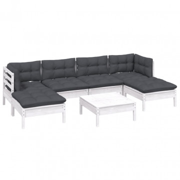Set mobilier de grădină cu perne, 7 piese, alb, lemn de pin - Img 3