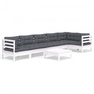Set mobilier de grădină cu perne, 7 piese, alb, lemn de pin - Img 2