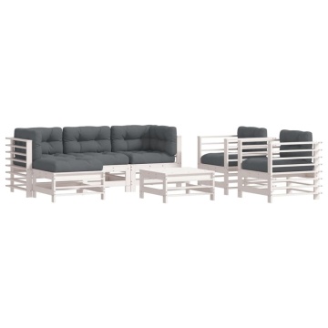 Set mobilier de grădină cu perne, 7 piese, alb, lemn masiv - Img 2