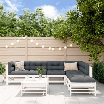 Set mobilier de grădină cu perne, 7 piese, alb, lemn masiv - Img 1