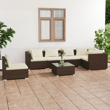 Set mobilier de grădină cu perne, 7 piese, maro, poliratan - Img 1