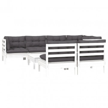 Set mobilier de grădină cu perne, 8 piese, alb, lemn masiv pin - Img 3