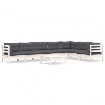Set mobilier de grădină cu perne, 8 piese, alb, lemn masiv pin - Img 2