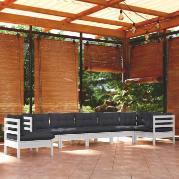 Set mobilier de grădină cu perne, 8 piese, alb, lemn masiv pin - Img 1