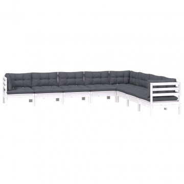 Set mobilier de grădină cu perne, 8 piese, alb, lemn masiv pin - Img 3