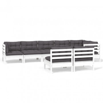 Set mobilier de grădină cu perne, 8 piese, alb, lemn masiv pin - Img 2