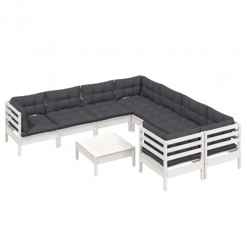 Set mobilier de grădină cu perne, 9 piese, alb, lemn de pin - Img 3