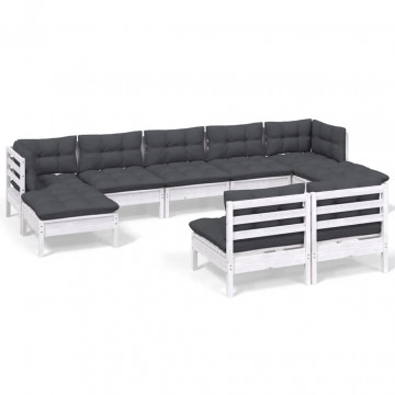 Set mobilier de grădină cu perne, 9 piese, alb, lemn de pin - Img 2