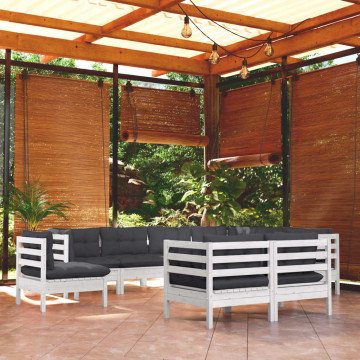 Set mobilier de grădină cu perne, 9 piese, alb, lemn masiv pin - Img 1