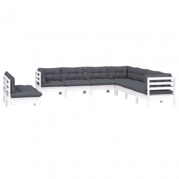 Set mobilier de grădină cu perne, 9 piese, alb, lemn masiv pin - Img 3