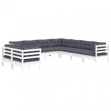 Set mobilier de grădină cu perne, 9 piese, alb, lemn masiv pin - Img 3