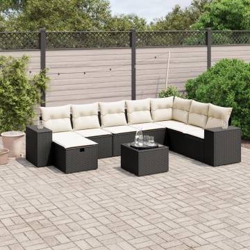 Set mobilier de grădină cu perne, 9 piese, negru, poliratan - Img 1