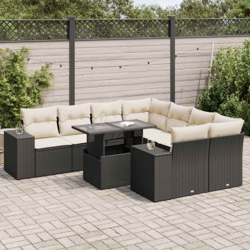 Set mobilier de grădină cu perne, 9 piese, negru, poliratan - Img 1