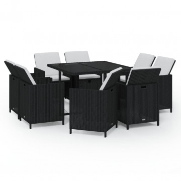 Set mobilier de grădină cu perne, 9 piese, negru, poliratan - Img 2