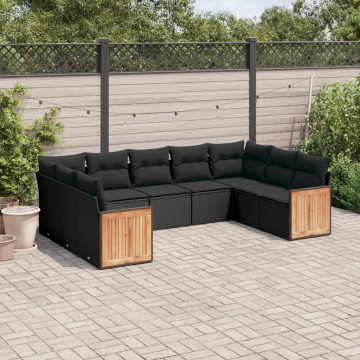 Set mobilier de grădină cu perne, 9 piese, negru, poliratan - Img 1